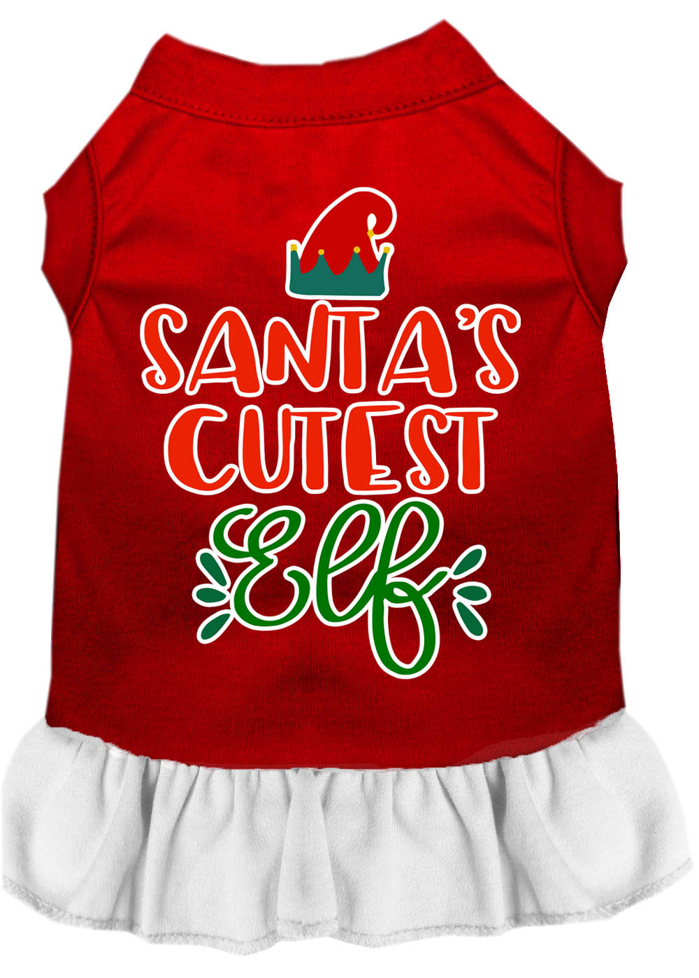 Santa's Cutest Elf Screen Print Dog Dress Red with White Med